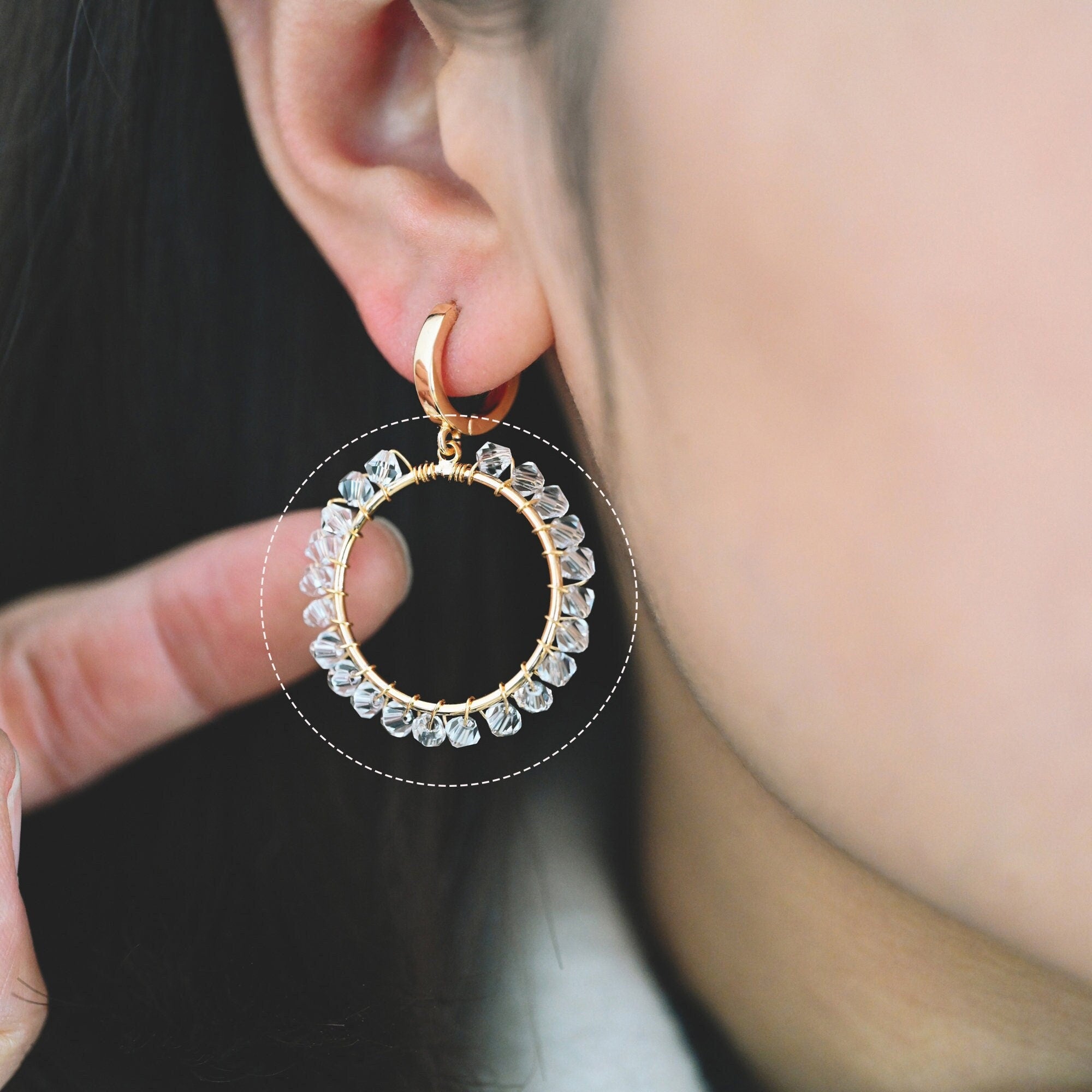 10pcs Gold Beaded 29mm Round Circle Charms , Wired Crystal Beads Geometric Pendants, Dangle Earring Components (GB-552-E)